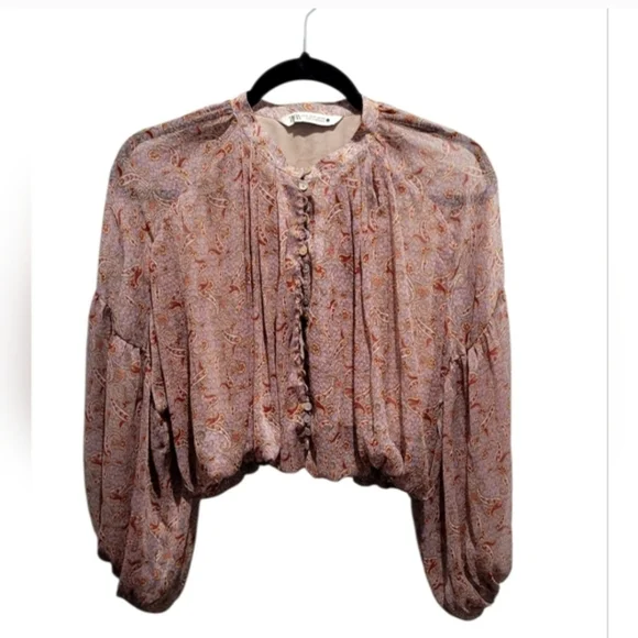 Zara Sheer Paisley Blouse Medium Boho Balloon Sleeve Button Front Top - Picture 3 of 10